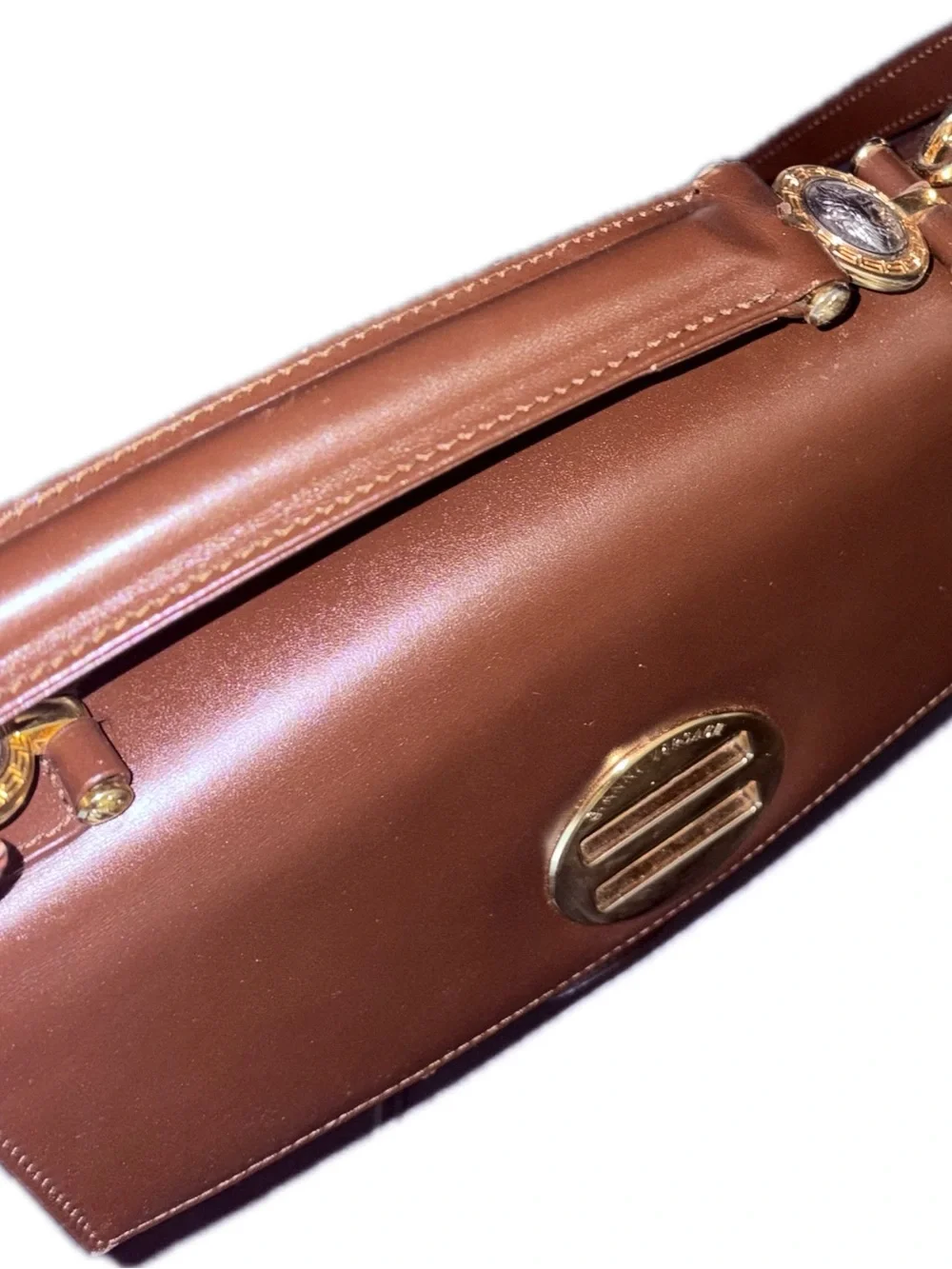 Gianni Versace Designer Brown Leather Top-Handle Shoulder Bag with Gold Hardware
